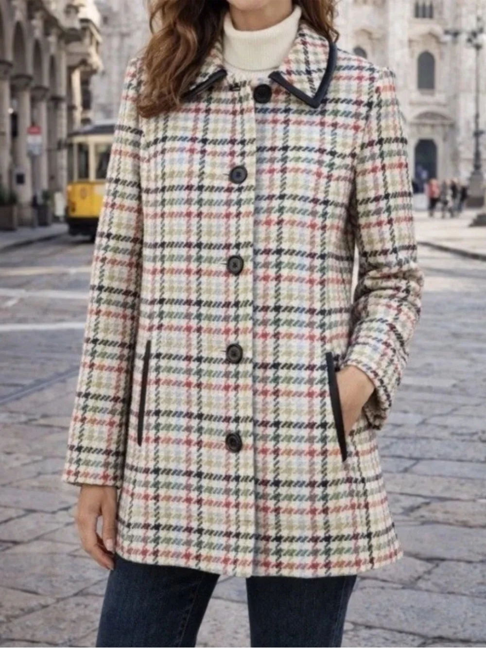 Coach Tattersall Hampton Tweed Plaid Rainbow Houndstooth Wool Pea Coat Jacket XS